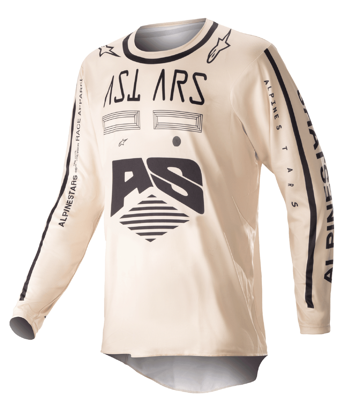 Alpinestars 2023 Racer Found tröja, motocrosströja, beige med svart grafik, långärmad utrustning för terrängkörning, med AS-logotyp och branding på ärmarna