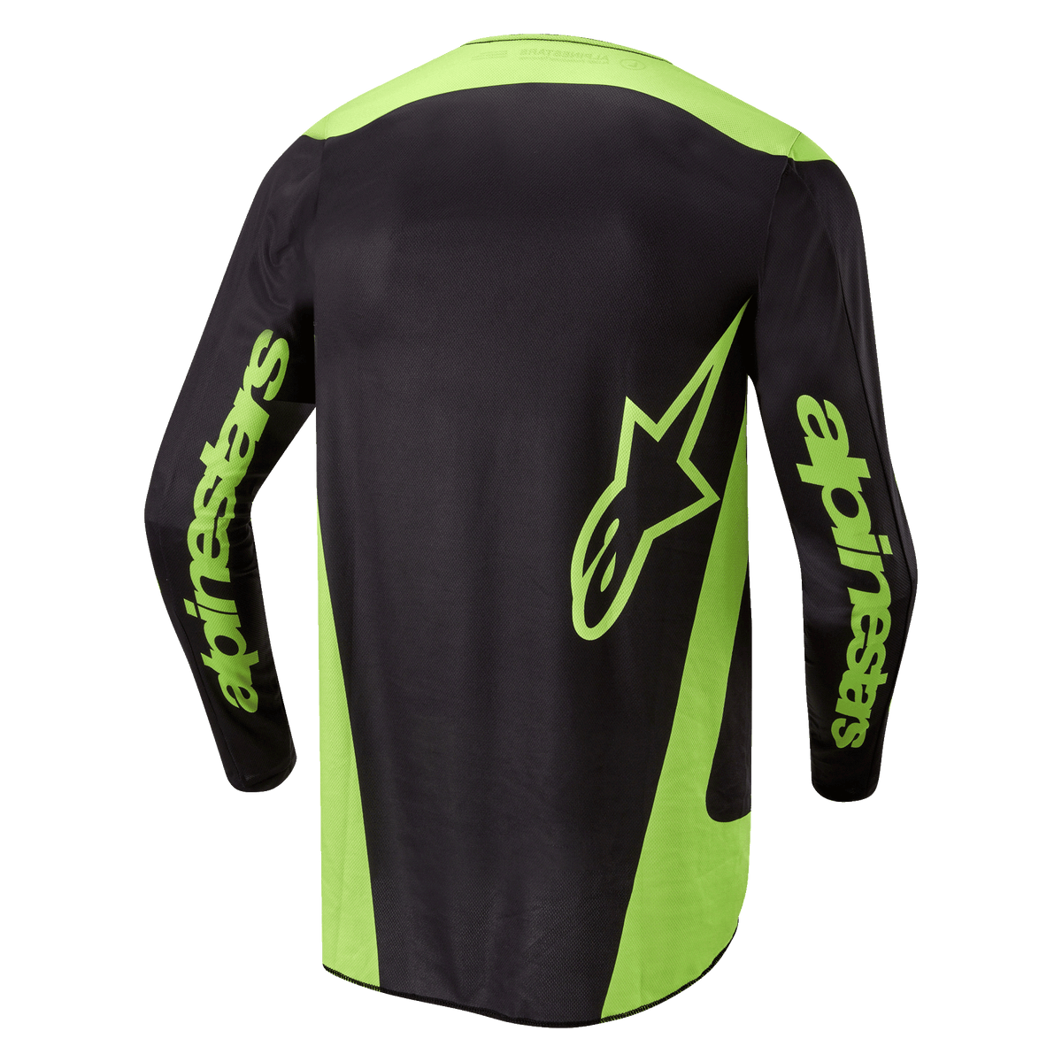 Alpinestars 2024 Fluid Lurv-tröja, motocross-tröja, svart och neongul, vy bakifrån med neongula sidopaneler, en stor stjärnlogotyp på nedre delen av ryggen och Alpinestars-logotyper på ärmarna