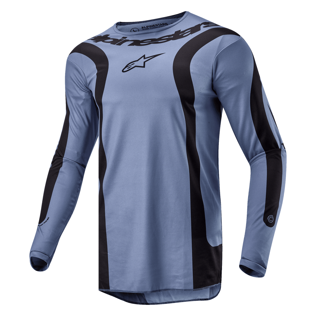 Alpinestars 2024 Fluid Lurv-tröja, motocross-tröja, ljusblå och svart, med kraftig svängd svart grafik på framsidan och ärmarna, central Alpinestars-logotyp på bröstet, konstruktion i högpresterande polytyg med sportig krage
