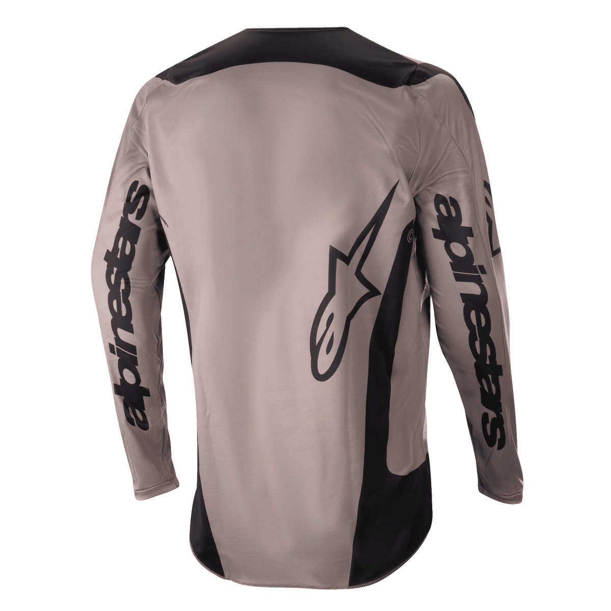 Alpinestars 2024 Fluid Lurv tröja, motocrosströja, Mud Black, vy bakifrån som visar stora Alpinestars-logotyper på ärmarna och nedre ryggen, svarta paneler på axlar och sidor, prestandautrustning för terrängkörning