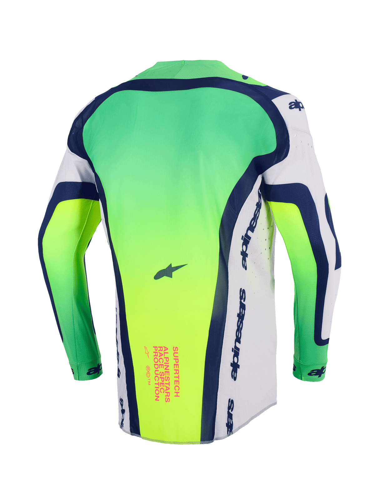 Alpinestars 2026 Supertech Vista Jersey, Motocross Jersey, Neon Green, White and Navy Blue, back view showing extended rear tail, laser-cut perforations on sides, pink text graphic on lower back, professional lightweight racing gear