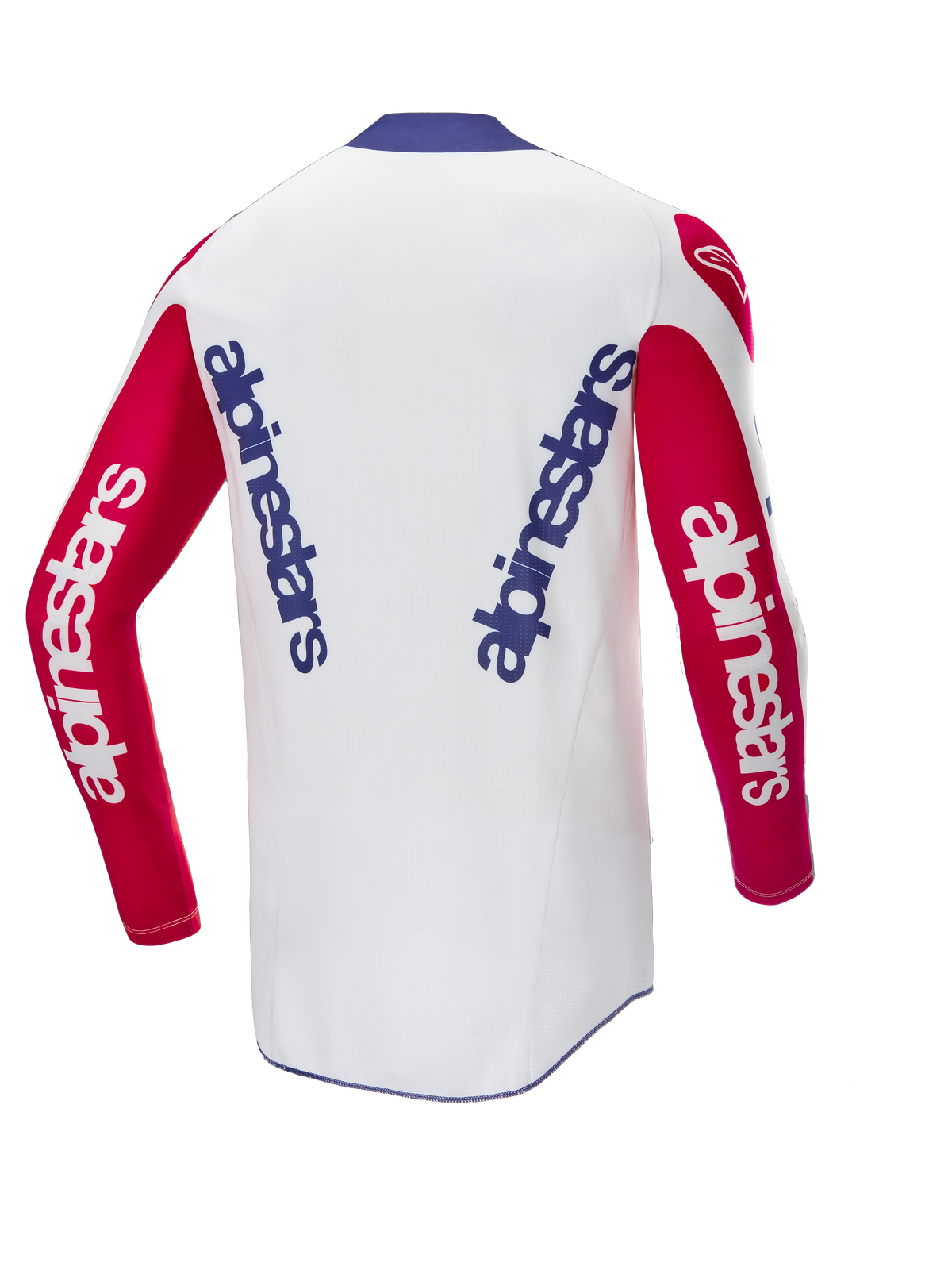 Alpinestars Limited Edition Techstar Fortitude Jersey, motocrosströja, klarröd, vit och blå, vy bakifrån som visar vertikal blå logotyp på en vit rygg med röda ärmar, tävlingsinspirerad passform för motocross