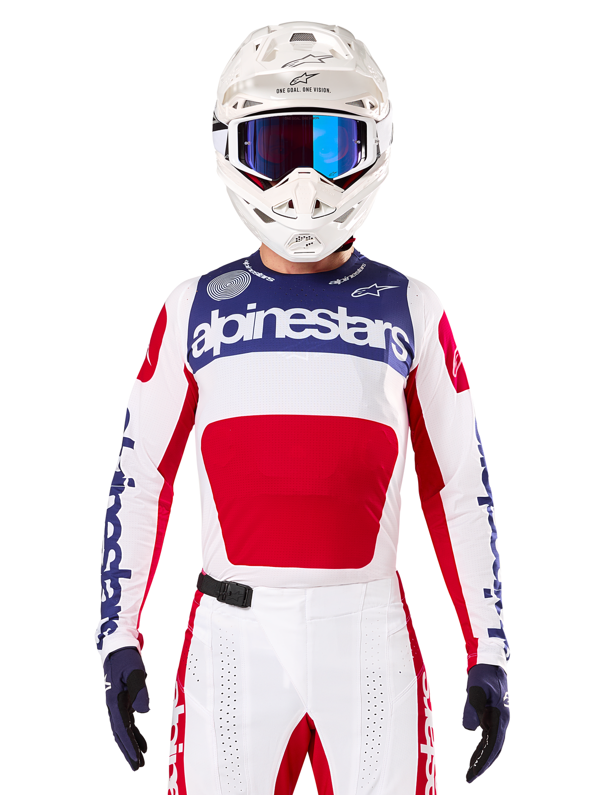 Alpinestars Limited Edition Techstar Fortitude-tröja, motocross racingtröja, vit, röd och blå, bärs med matchande byxor och hjälm, med Alpinestars-logotyp och mottot One Goal One Vision, perforerade detaljer, stilren design för terrängprestanda