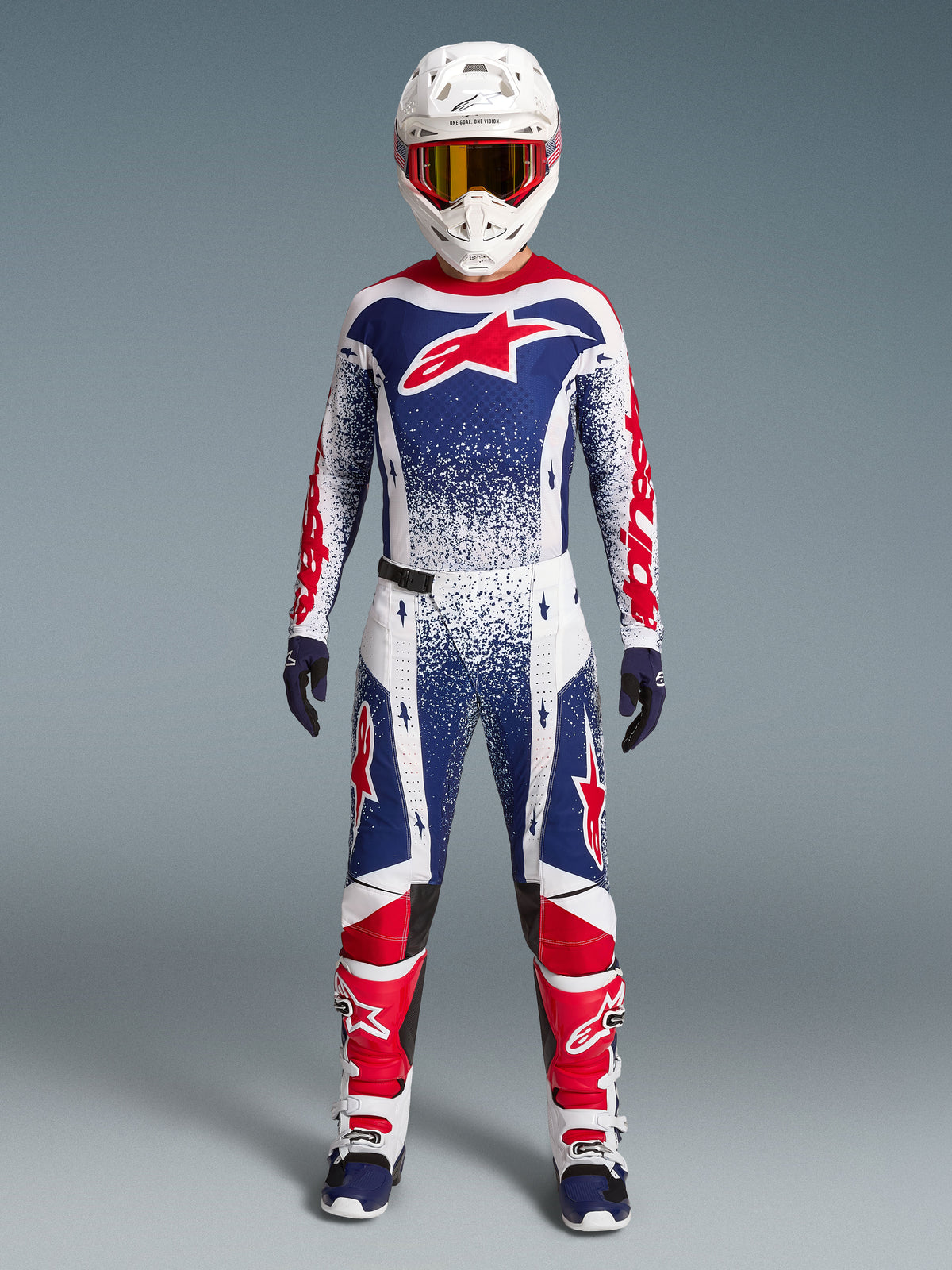 Alpinestars Limited Edition Techstar Unity tröja, röd, vit och blå motocrossutrustning med stänkgrafik för terrängkörning