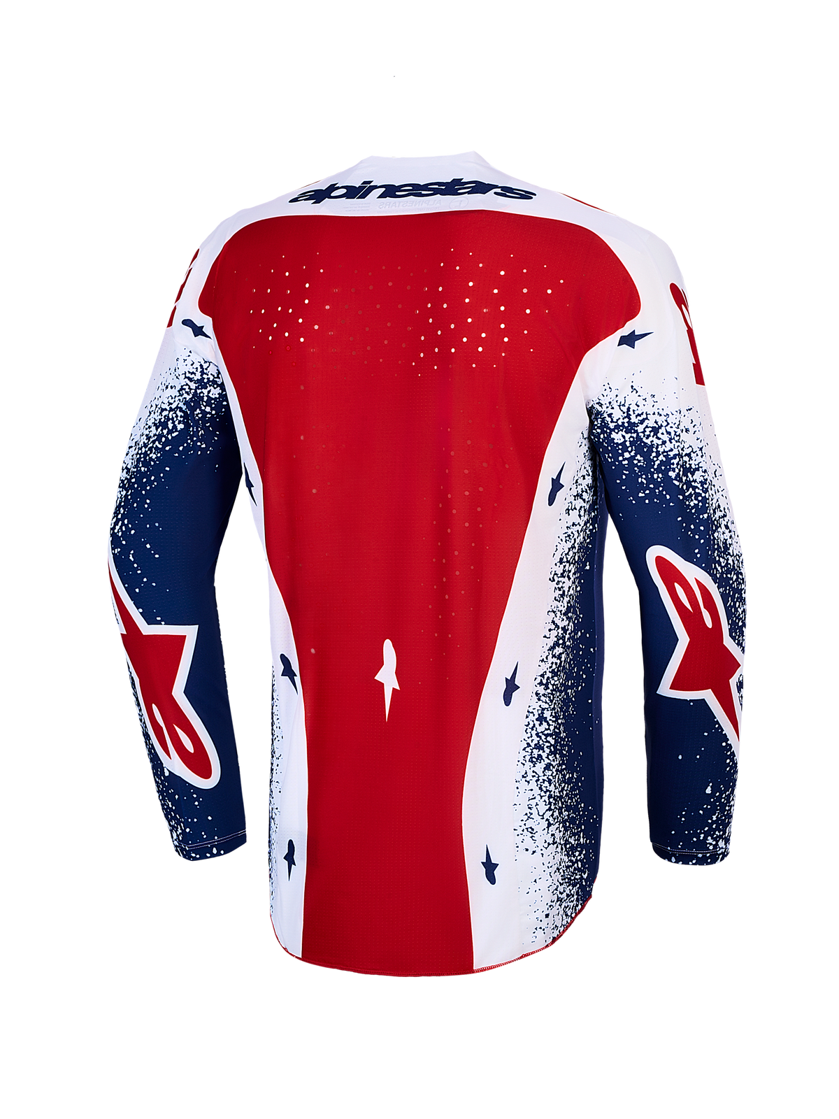 Alpinestars Techstar Unity Limited Edition tröja, röd, vit och blå motocrosströja för herr med ventilerad rygg.