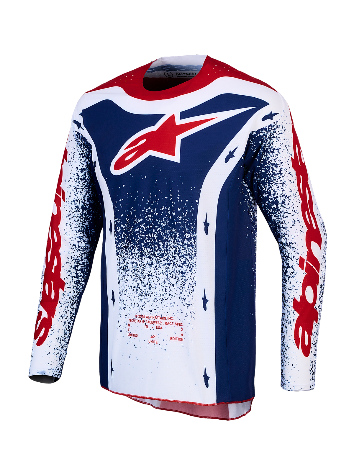 Alpinestars Limited Edition Techstar Unity tröja, röd, vit och blå motocrosströja för terrängkörning.