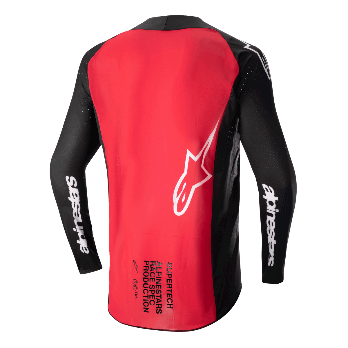 Alpinestars 2024 Supertech Ward-tröja, motocrosströja, svart och röd (Red Berry), vy bakifrån som visar en stor röd ryggpanel, svarta mesh-ärmar med vit Alpinestars-branding, vit stjärnlogotyp och Supertech Race Spec-text på nedre delen av ryggen.