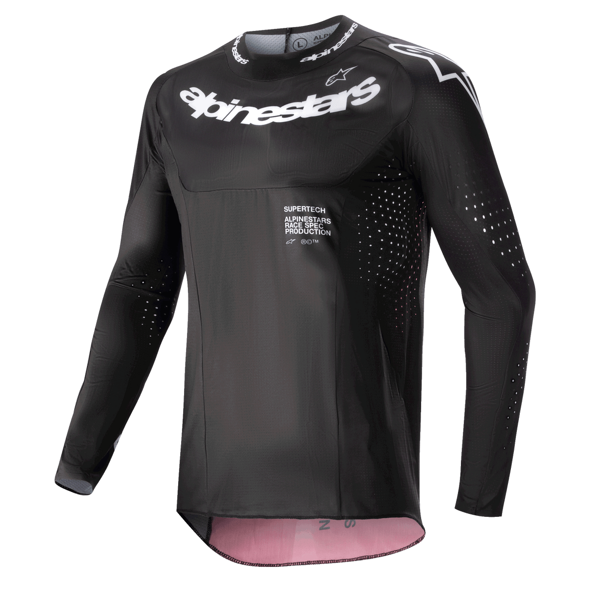 Alpinestars 2024 Supertech Ward-tröja, motocrosströja, svart och bärröd, vita Alpinestars-logotyper på bröstet och kragen, laserskurna ventilationshål på ärmar och sidor, atletisk tävlingspassform med bärröda accenter på insidan.