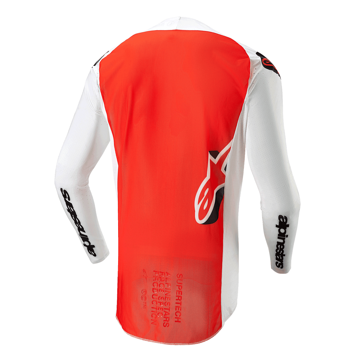 Alpinestars 2024 Supertech Ward-tröja, baksida, White Hot Orange, med en stor livfull orange mittpanel, vita ärmar och sidopaneler med svart Alpinestars-logotyp och Astar-logotyp på nedre ryggen, mesh-konstruktion av proffskvalitet för motocross