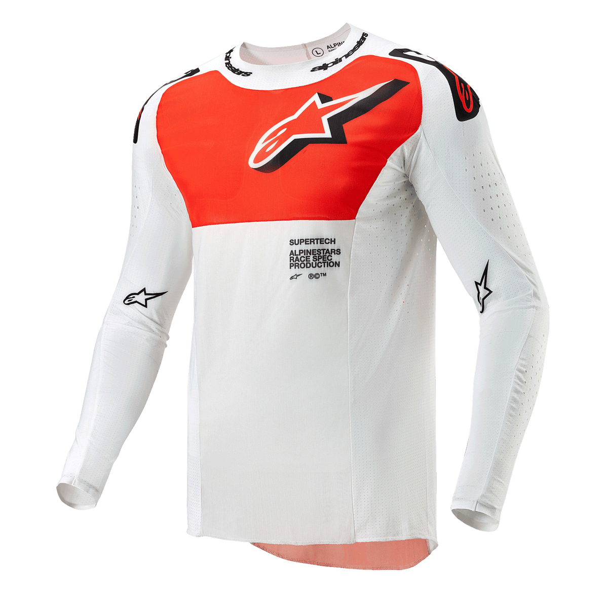 Alpinestars 2024 Supertech Ward-tröja, motocrosströja, vit och Hot Orange, långärmad teknisk tröja med en stor orange grafik på bröstet, stjärnlogotyp och ventilerande perforerad konstruktion för terrängkörning.