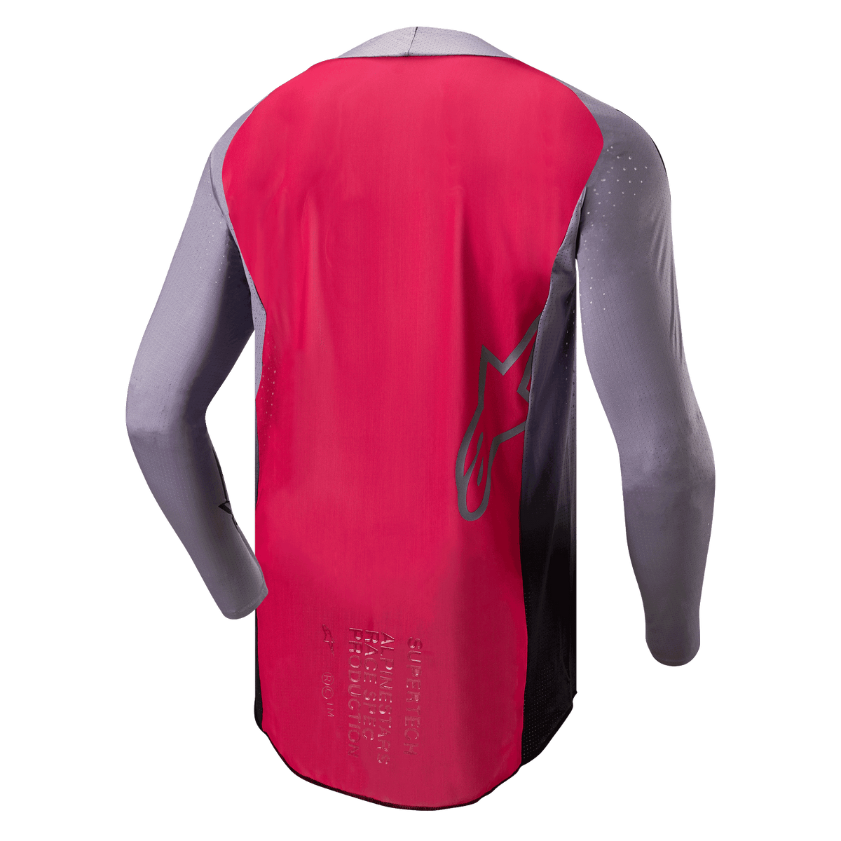 Alpinestars 2024 Supertech Dade-tröja, motocrosströja, Iron Red Berry och grå, vy bakifrån som visar ventilerande meshkonstruktion, kontur av Alpinestars stjärnlogotyp och professionell race-spec-märkning