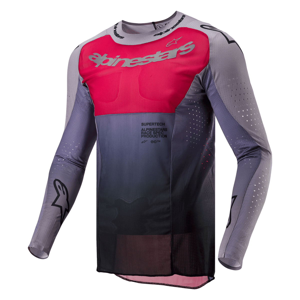 Alpinestars 2024 Supertech Dade-tröja, motocrosströja, Iron Red Berry och grå, med en livfull röd bröstpanel med silverlogotyp, mörkgrå toning vid midjan, laserskurna perforeringar på ärmarna och sidorna samt en atletisk race-passform.