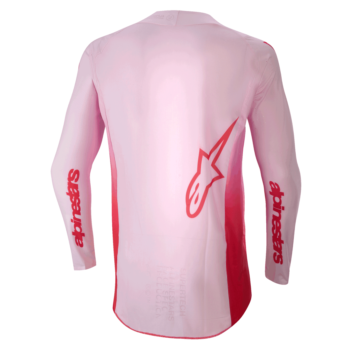 Alpinestars 2024 Supertech Dade-tröja, motocrosströja, Red Berry Lilac, baksida med en stor röd Astar-logotyp på ryggen och röda Alpinestars-logotyper på ärmarna, lättviktskonstruktion i stretchnät med en förlängd ryggpanel för offroad-prestanda.