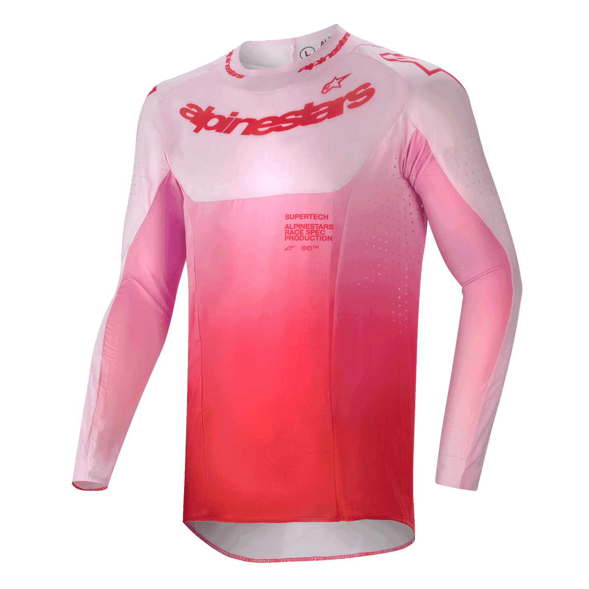 Alpinestars 2024 Supertech Dade-tröja, motocrosströja, Red Berry Lilac med färgtoning från rosa till rött, långärmad atletisk passform med laserskurna ventilationshål och tydlig logotyp på bröstet, högpresterande utrustning för terrängkörning