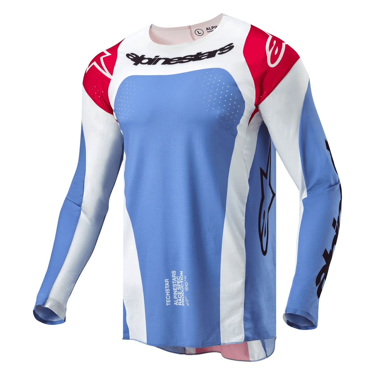 Alpinestars 2024 Techstar Ocuri tröja, motocrosströja, ljusblå, Mars Red och vit, med svart Alpinestars-text på bröstet, röda axlar med vita logotyper och laserskurna perforeringar för ventilation.