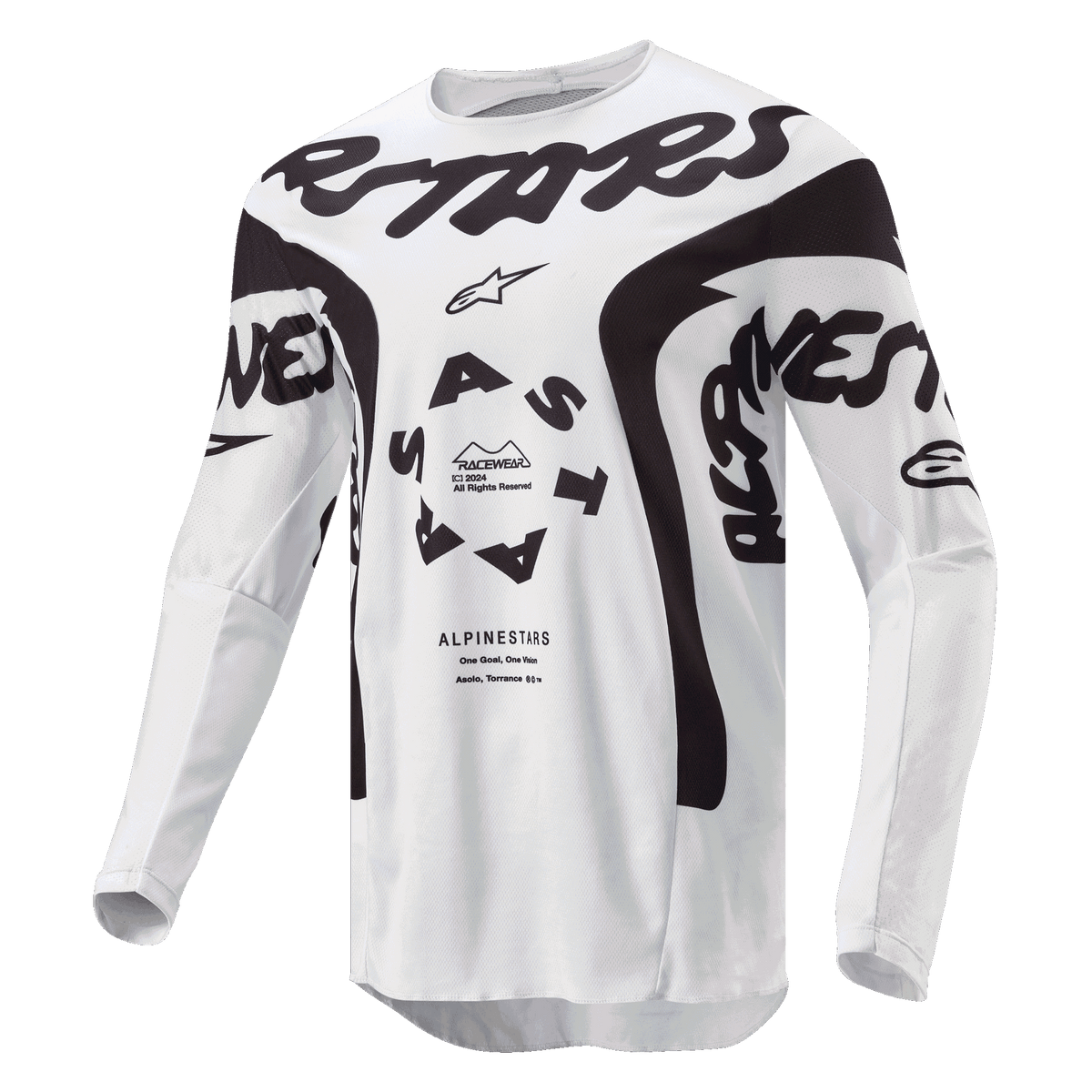 Alpinestars 2024 Racer Hana-tröja, motocrosströja, vit och svart med framträdande svart Alpinestars-logotyp över bröstet, cirkulär ASTARS-logotyp och tekniska meshpaneler för offroad-prestanda