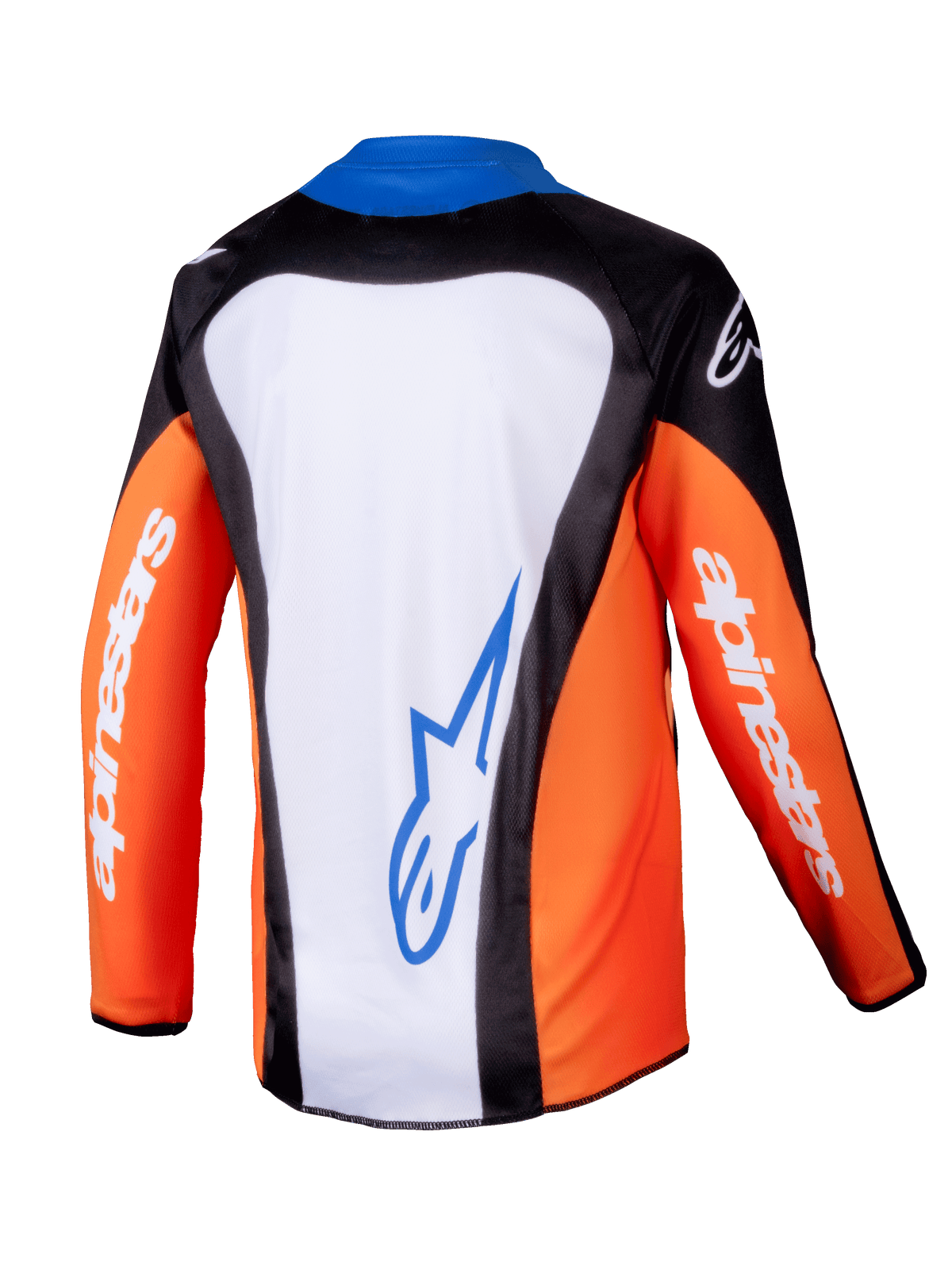 Alpinestars 2025 Youth Racer Melt Jersey, Motocross Jersey, Orange Blue and White, rear view showing white back panel with blue logo, orange sleeves with white branding, ergonomic design for youth off-road riding