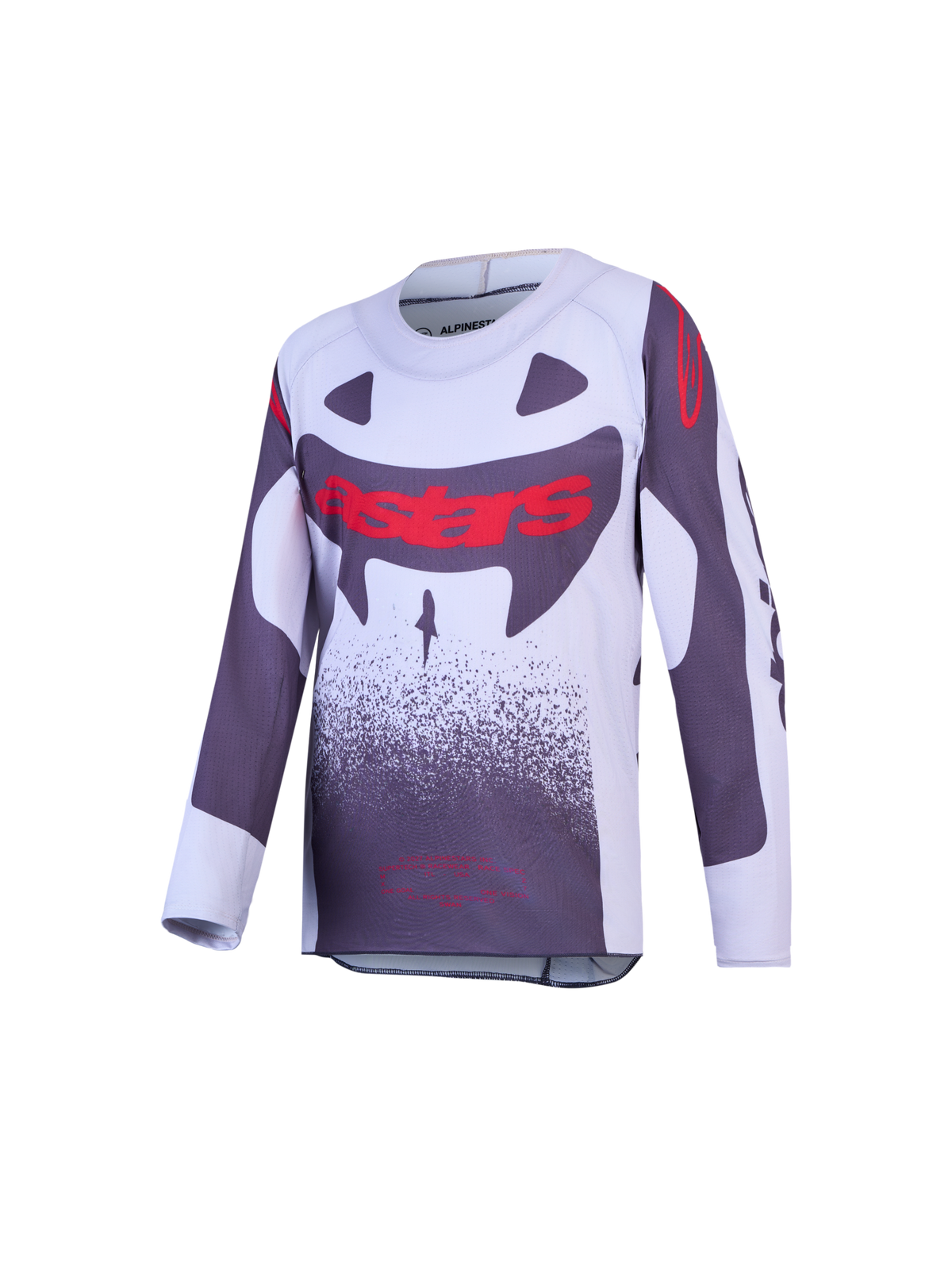 Alpinestars Youth Supertech Swan Jersey, motocross racing, gray and white with red graphics, lightweight stretch mesh.