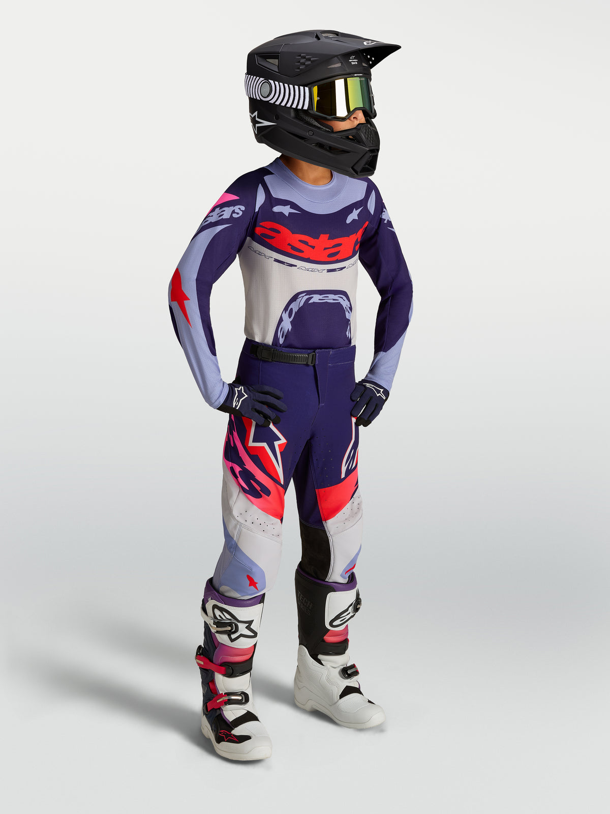 Alpinestars 2027 ungdom Supertech Dyna tröja och klädset, lila och rosa ventilerat motocrosskit i tävlingspassform.