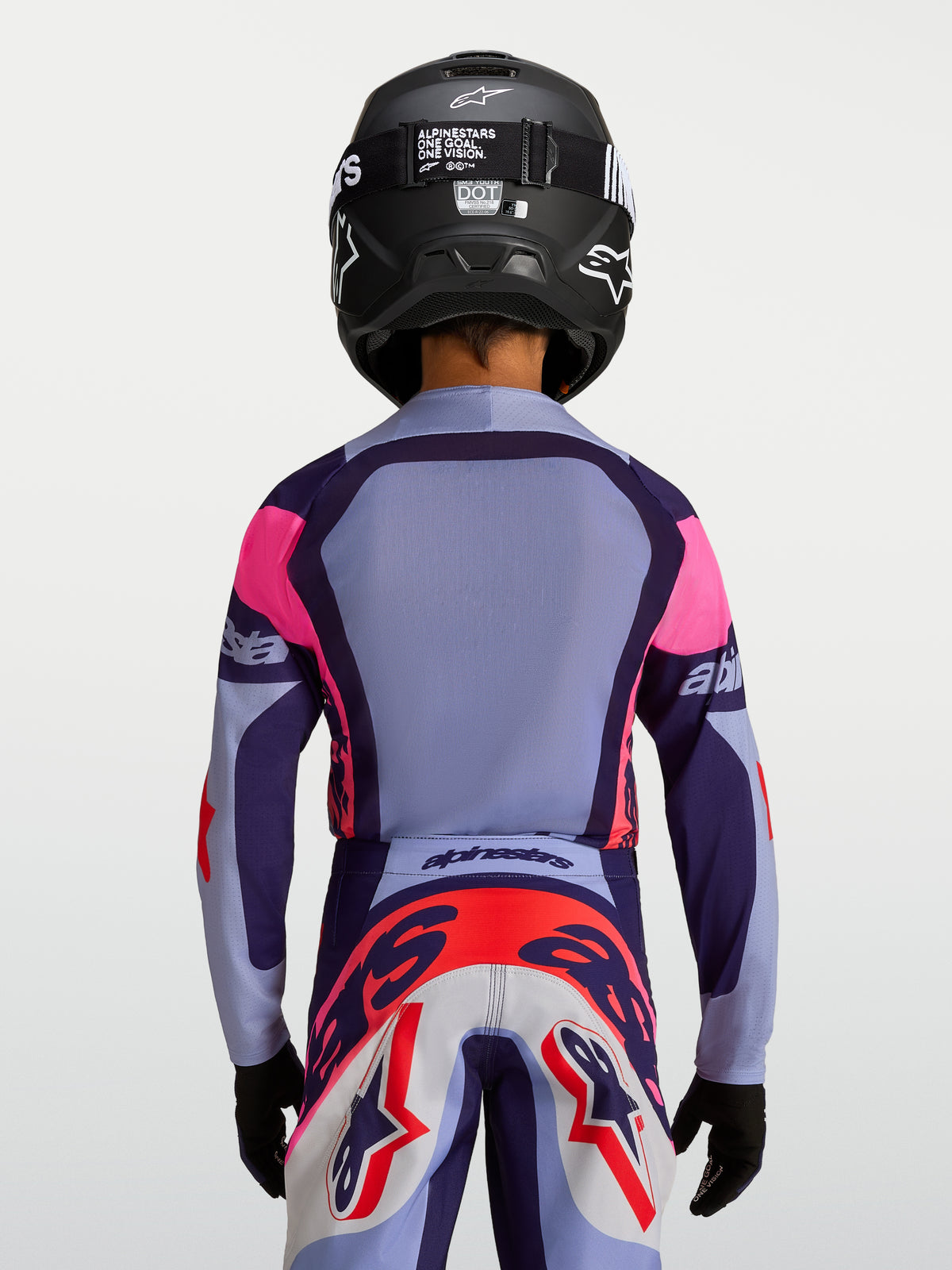 Alpinestars Supertech Dyna ungdomströja, lila och rosa motocrosströja, andningsbar tävlingspassform, vy bakifrån.