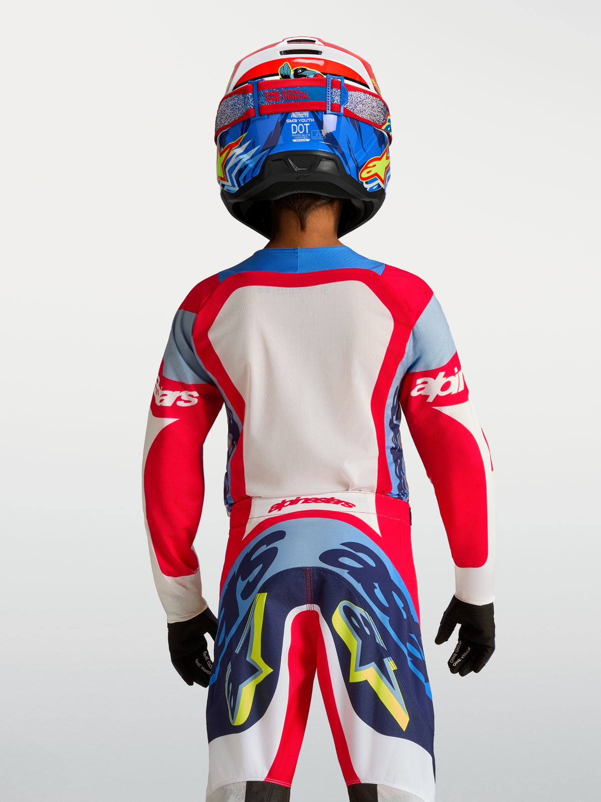 Alpinestars 2027 Ungdom Supertech Dyna tröja, motocrosströja i lätt stretchmesh, röd och marinblå, ryggvy på modell.