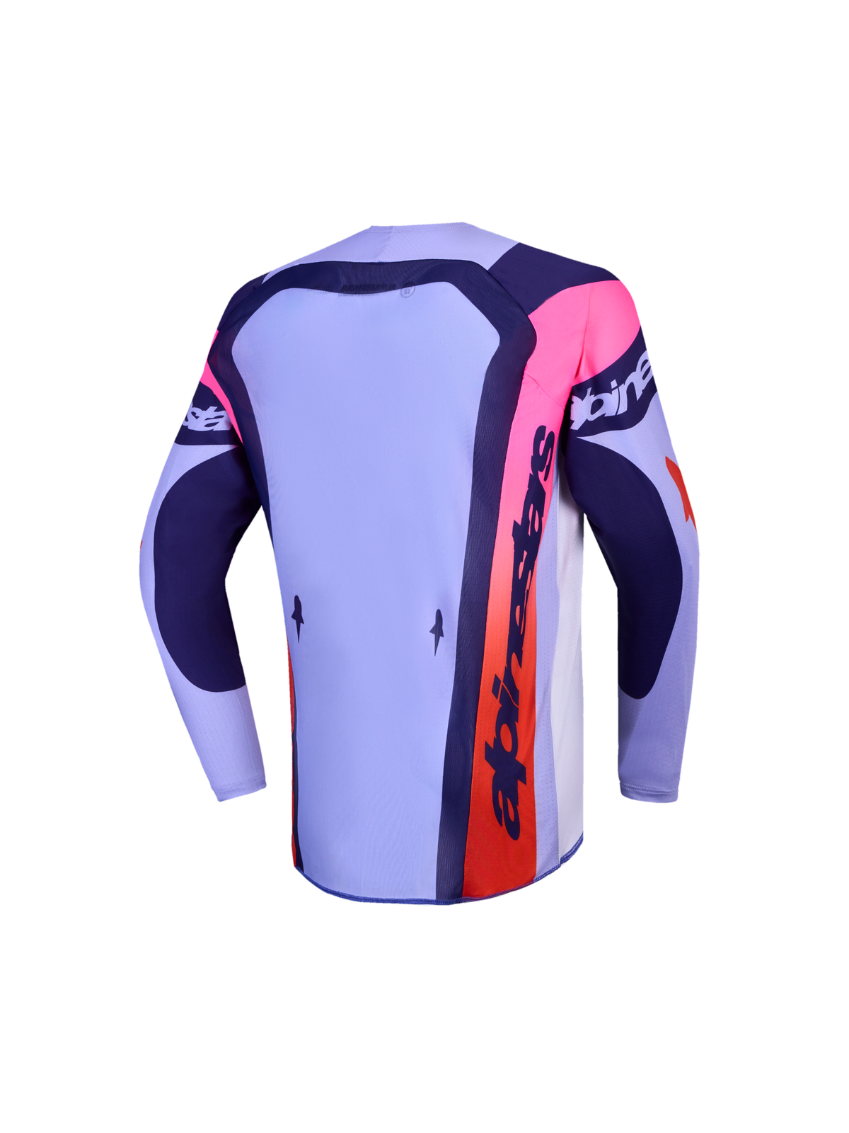 Alpinestars Supertech Dyna ungdomströja, ljuslila och mörkblå motocrosströja med rosa detaljer, vy bakifrån.