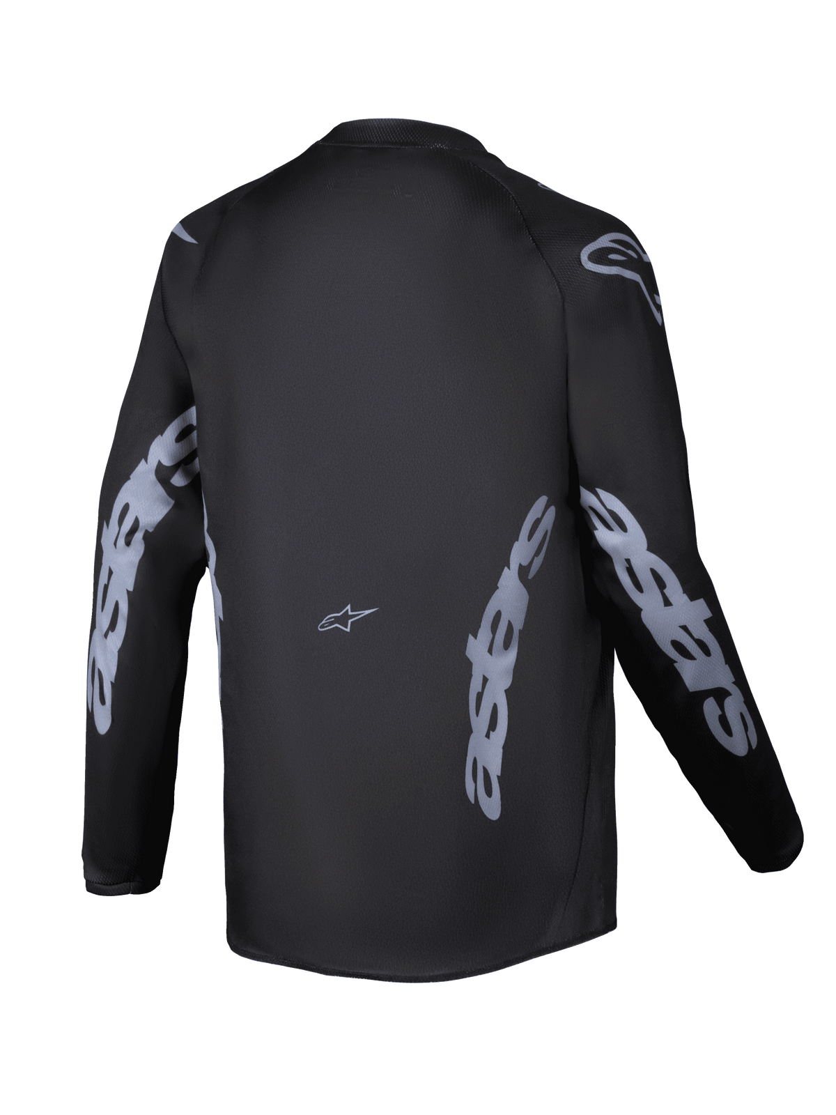 Alpinestars 2025 Youth Racer Graphite Jersey, Back View, Black and Gray, Long sleeve motocross jersey featuring gray Alpinestars branding on sleeves and sides, moisture-wicking fabric with a drop tail for off-road riding