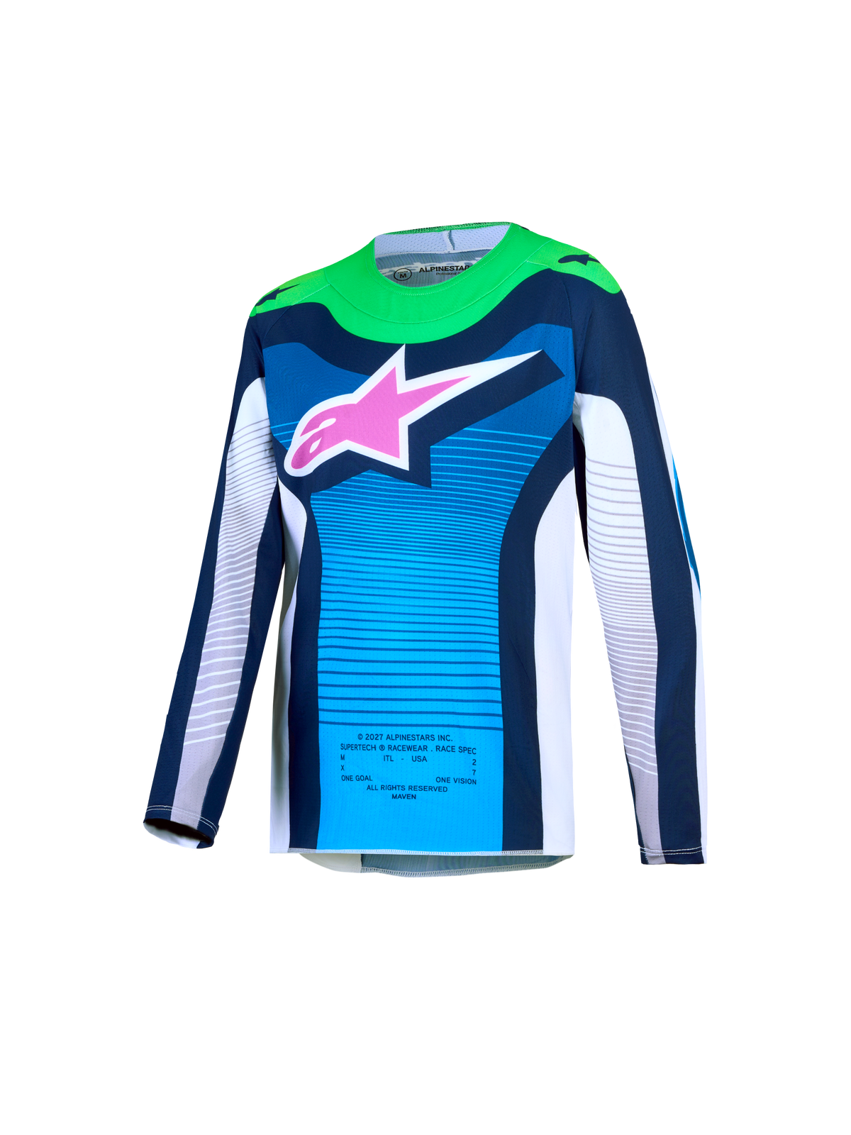 Alpinestars 2027 Ungdom Supertech Maven tröja, blå och grön motocrosströja med rosa logotyp och andningsbar stretchmesh.