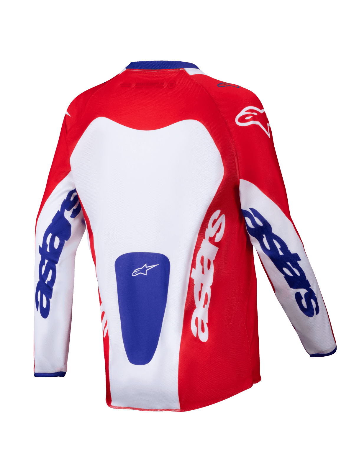 Alpinestars Youth Racer Veil Jersey 2025, motocrosströja för ungdomar, röd och vit med blå detaljer, baksida som visar tydlig 'astars'-logotyp på ärmar och rygg, designad för prestanda vid terrängkörning