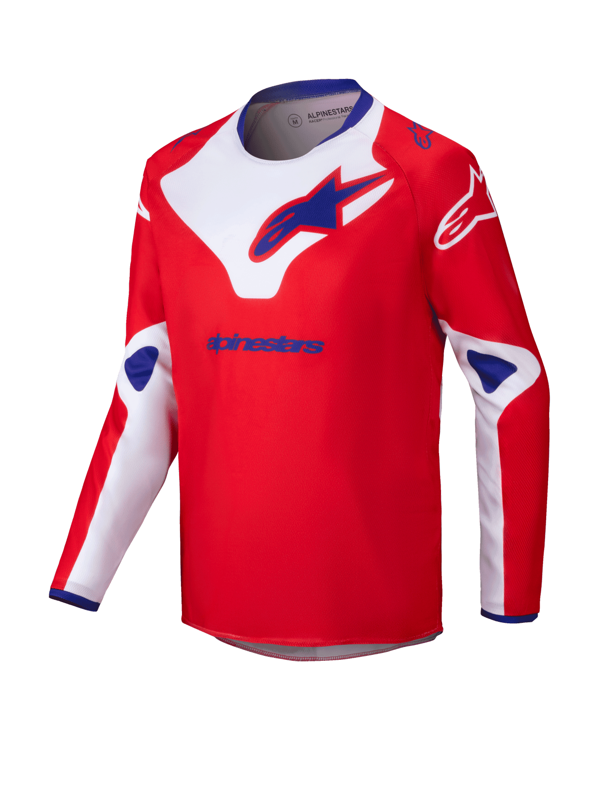 Alpinestars 2025 Youth Racer Veil-tröja, motocrosströja för ungdom, röd med vita och blå detaljer, långärmat fukttransporterande material, stora Alpinestars-logotyper på bröst och axlar, blå innerkrage, prestandakläder för terrängkörning