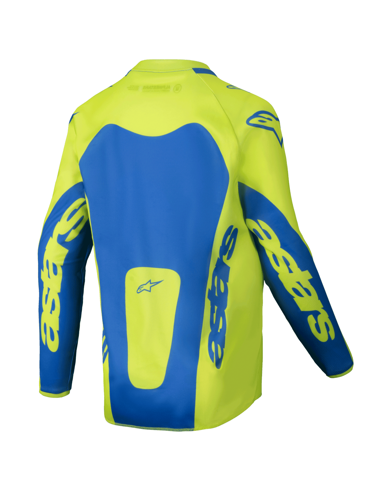 Alpinestars 2025 Youth Racer Veil tröja, motocrosströja, neon gul och blå, baksida med framträdande blå paneler och astars-logotyper på ärmarna, förlängt ryggparti för extra täckning, lätt fukttransporterande material för terrängkörning