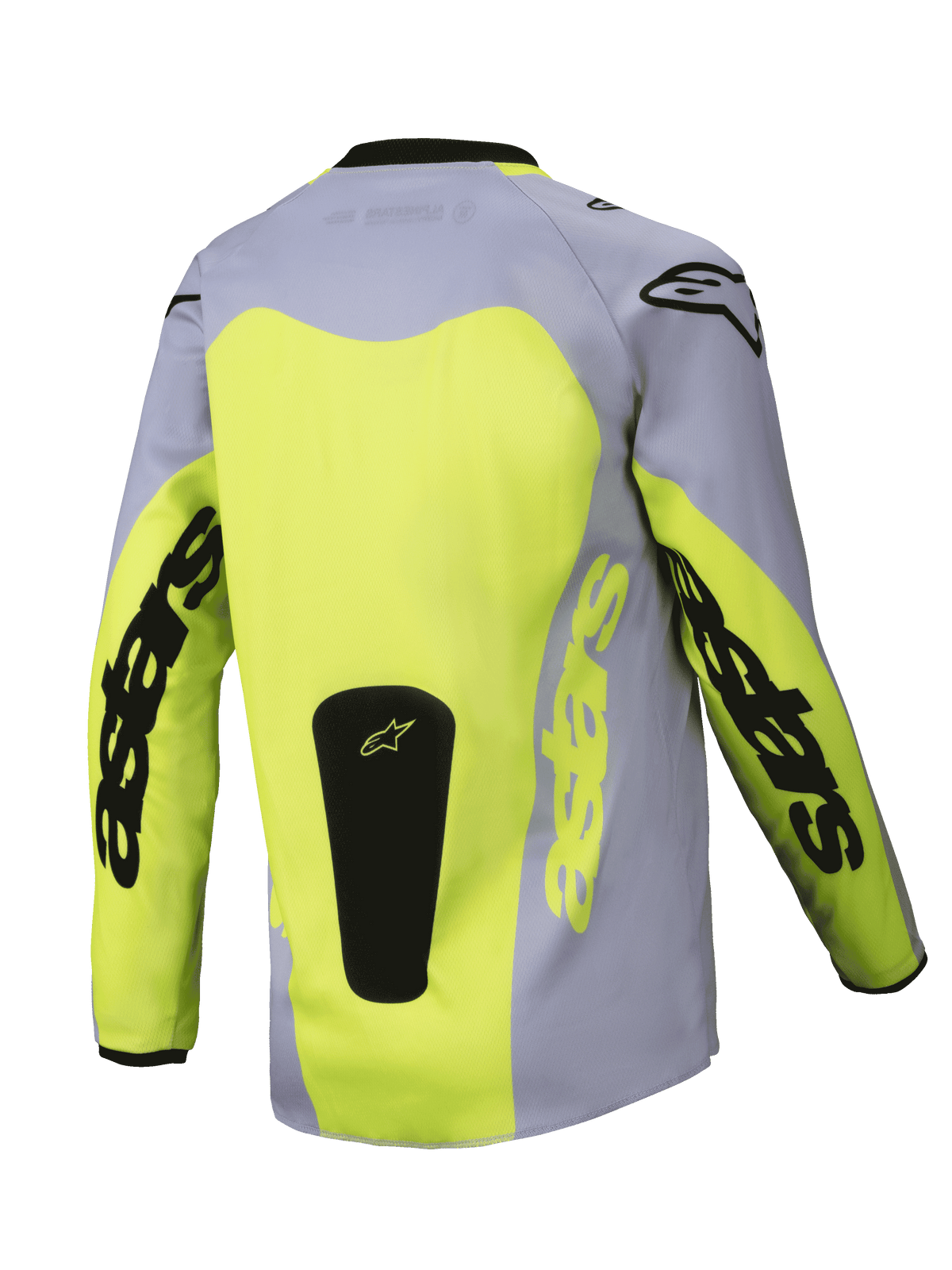 Alpinestars 2025 Ungdom Racer Veil tröja, baksida, grå och fluorescerande gul, med en stor gul ryggpanel och Astars-logotyper på ärmarna, svart logotyppatch nedtill, lättviktig motocrossutrustning för terrängkörning