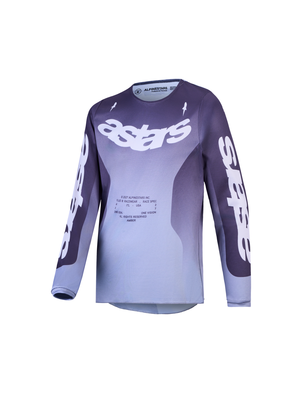 Alpinestars Ungdom Fluid Amber tröja, motocrosströja för barn och ungdom, lila och grå gradient med vit Astars-logotyp, högpresterande design för terrängkörning