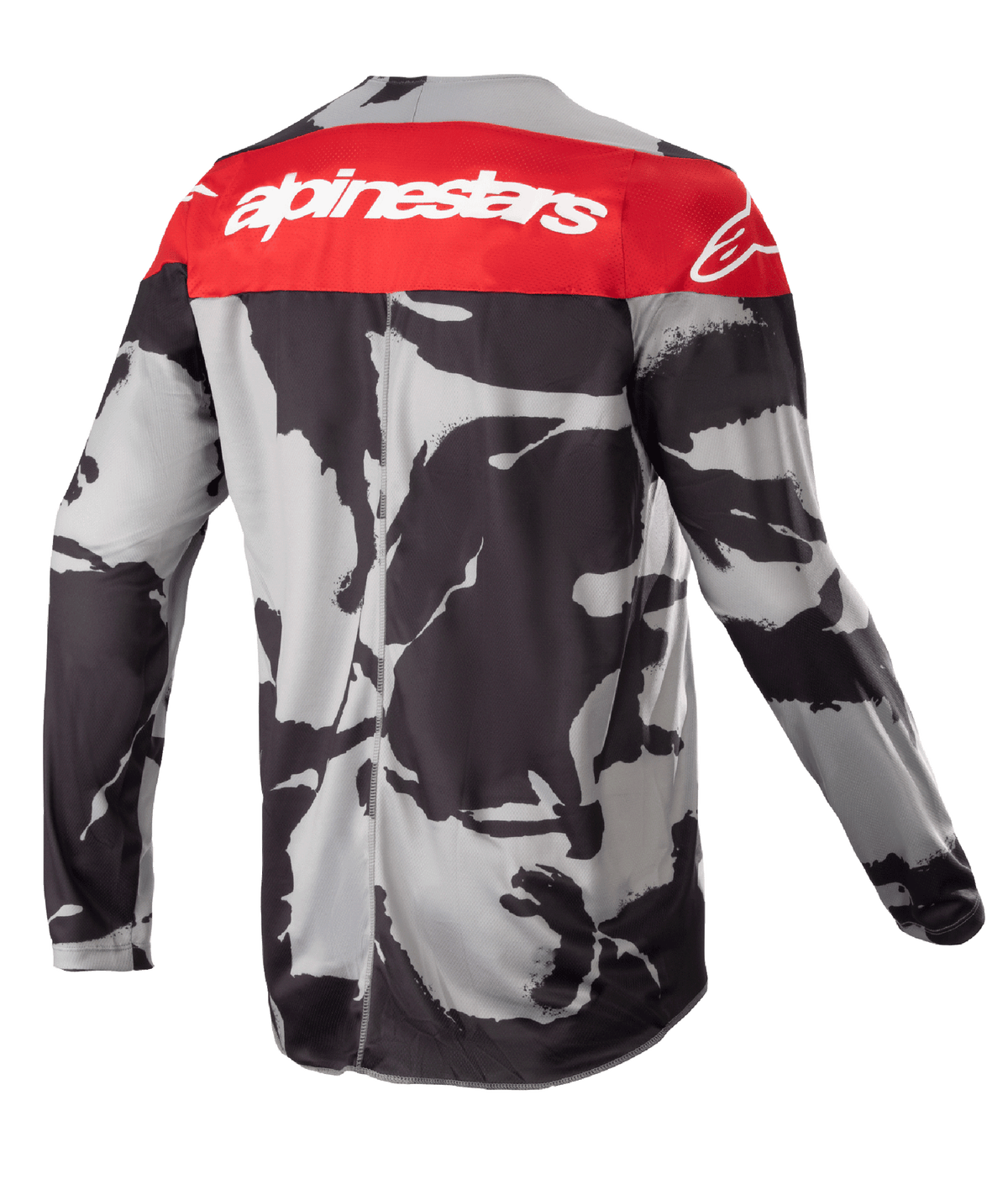 Alpinestars Youth 2023 Racer Tactical Jersey, motocrosströja, Cast Gray Camo och Mars Red, ryggvy med en röd axelpanel med vit Alpinestars-logotyp, abstrakt svart och grått kamouflagemönster, lättviktigt fukttransporterande material för terrängkörning