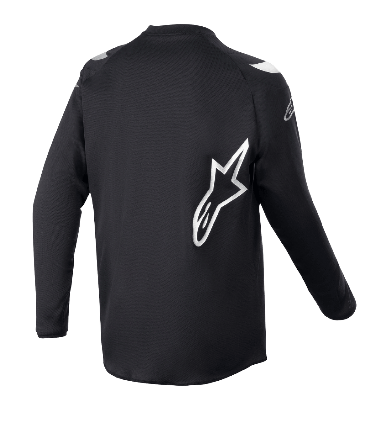 Alpinestars Racer Graphite-tröja för ungdom 2023, motocrosströja, svart, vy bakifrån med stor vit Alpinestars-stjärnlogotyp, tekniskt fuktavledande material, långa ärmar, slitstarka terrängkläder
