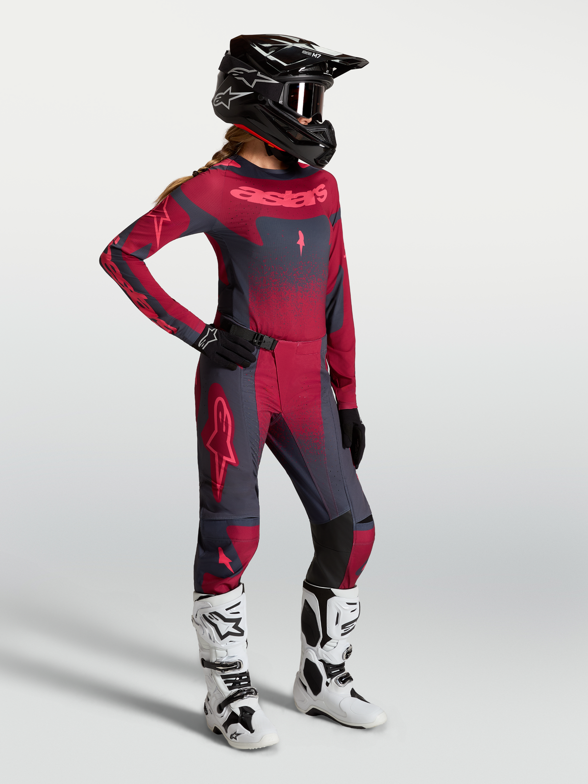 Alpinestars Stella Techstar Swan Jersey, Women's Motocross Jersey, Crimson and Dark Gray, textile gear, shown on model.