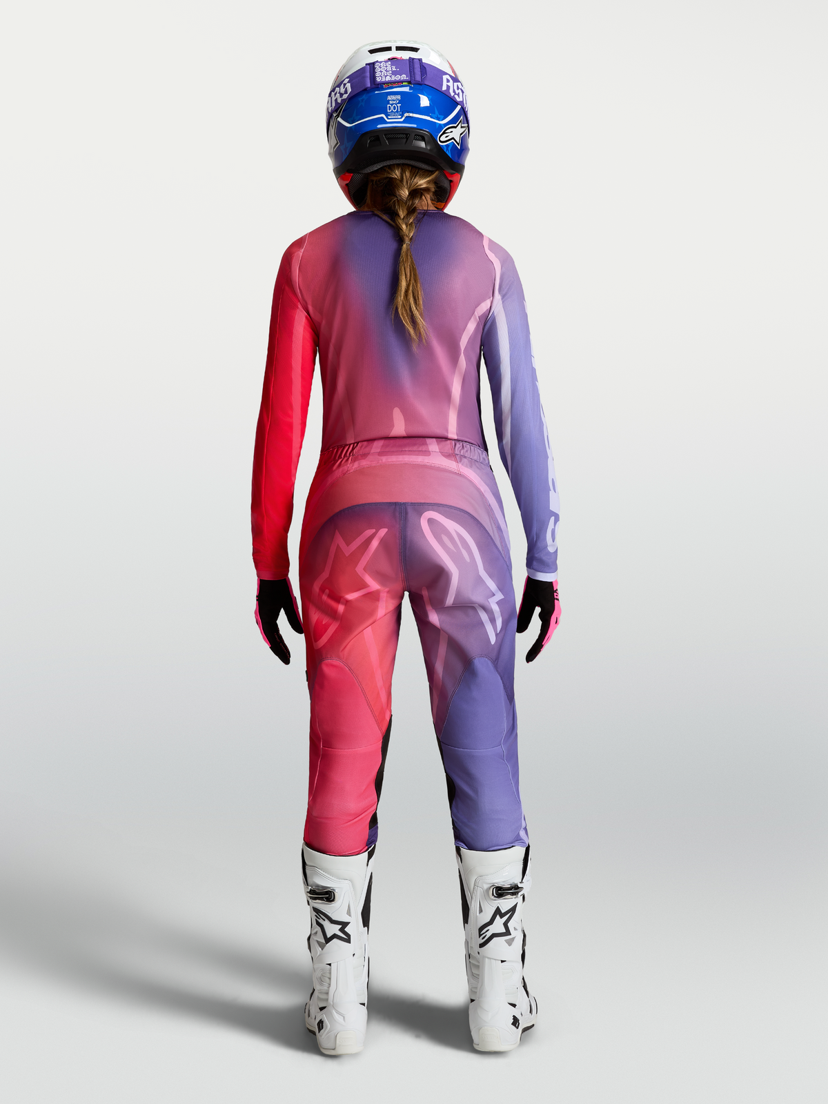 Alpinestars Stella Fluid Kepler Pants and Gear Set, women's purple and rouge red motocross outfit shown from the back.
