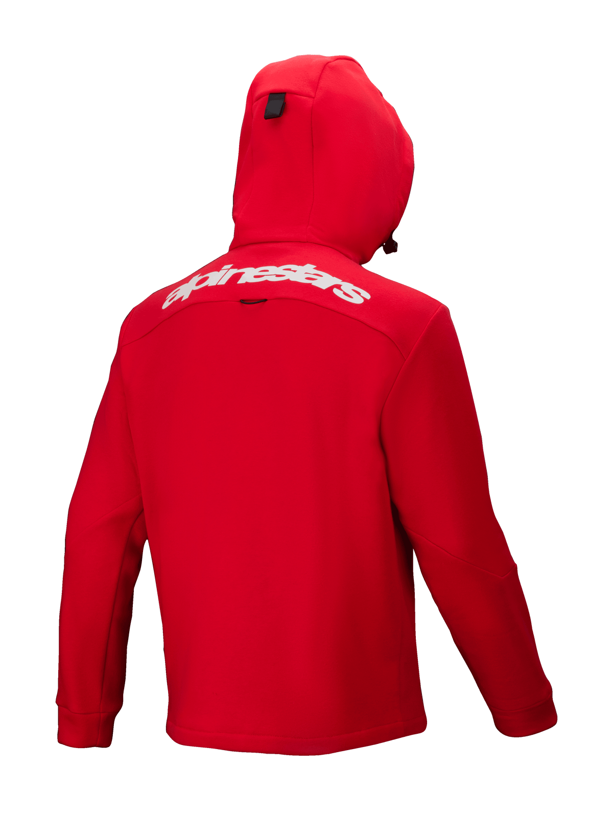 Alpinestars Racer MX Fleece, klarröd motocross-hoodie, baksida, med ett vitt Alpinestars-ordmärke över övre ryggen, integrerad huva och ergonomisk design för terrängkörning