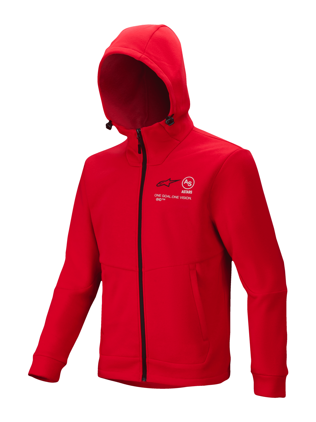 Alpinestars Racer MX Fleece, röd huvtröja för motocross, genomgående svart dragkedja, justerbar huva, vita Astars- och One Goal One Vision-logotyper på bröstet, handfickor med dragkedja, vardagliga motorsportskläder