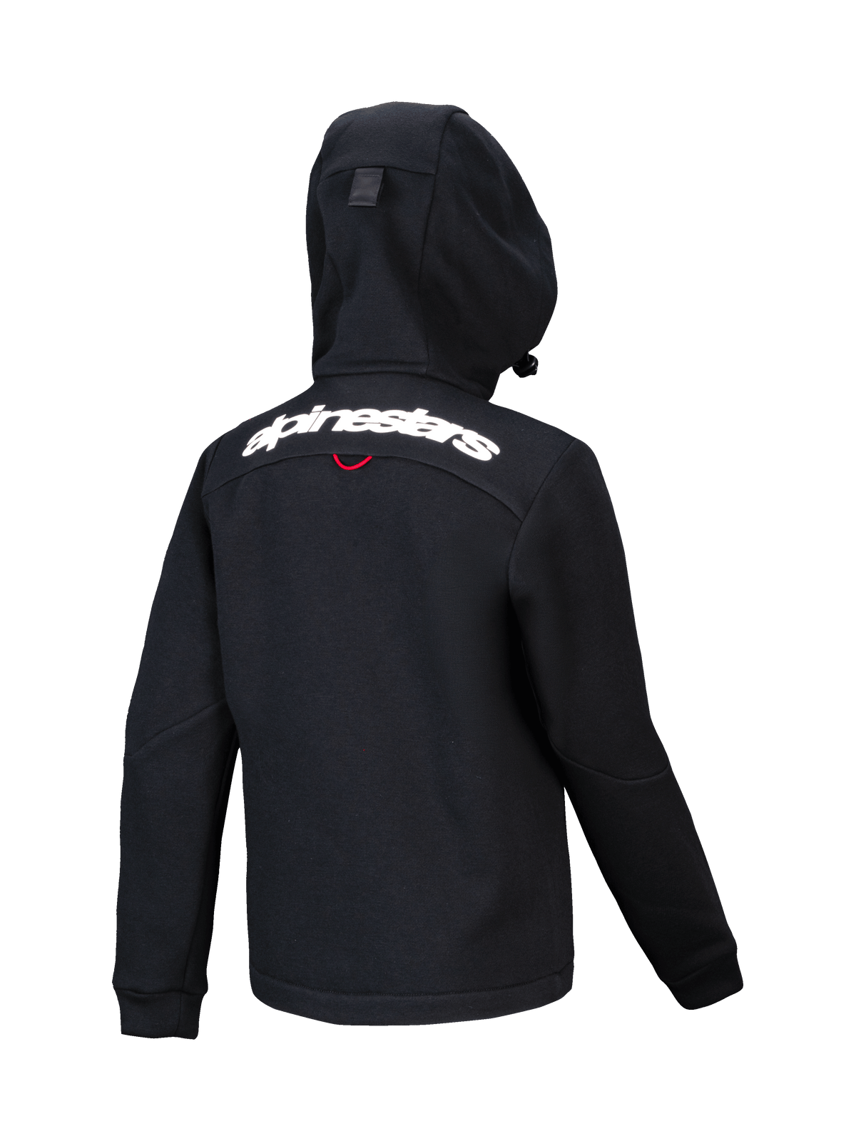 Alpinestars Youth Racer MX Fleece, black motocross hoodie, back view featuring white Alpinestars wordmark across the shoulders, structured fleece with compact hood, ergonomic design for off-road riding