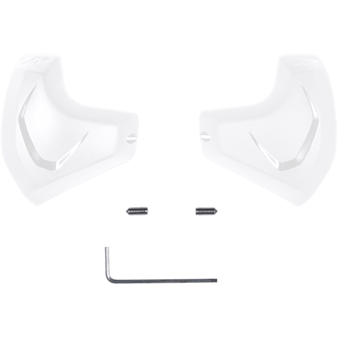 Alpinestars Elbow Sliders, vita, reservdelssats för armbågssliders innehållande två polyuretaninsatser, monteringsskruvar och insexnyckel, anatomiskt utformade för motorcykelracingställ