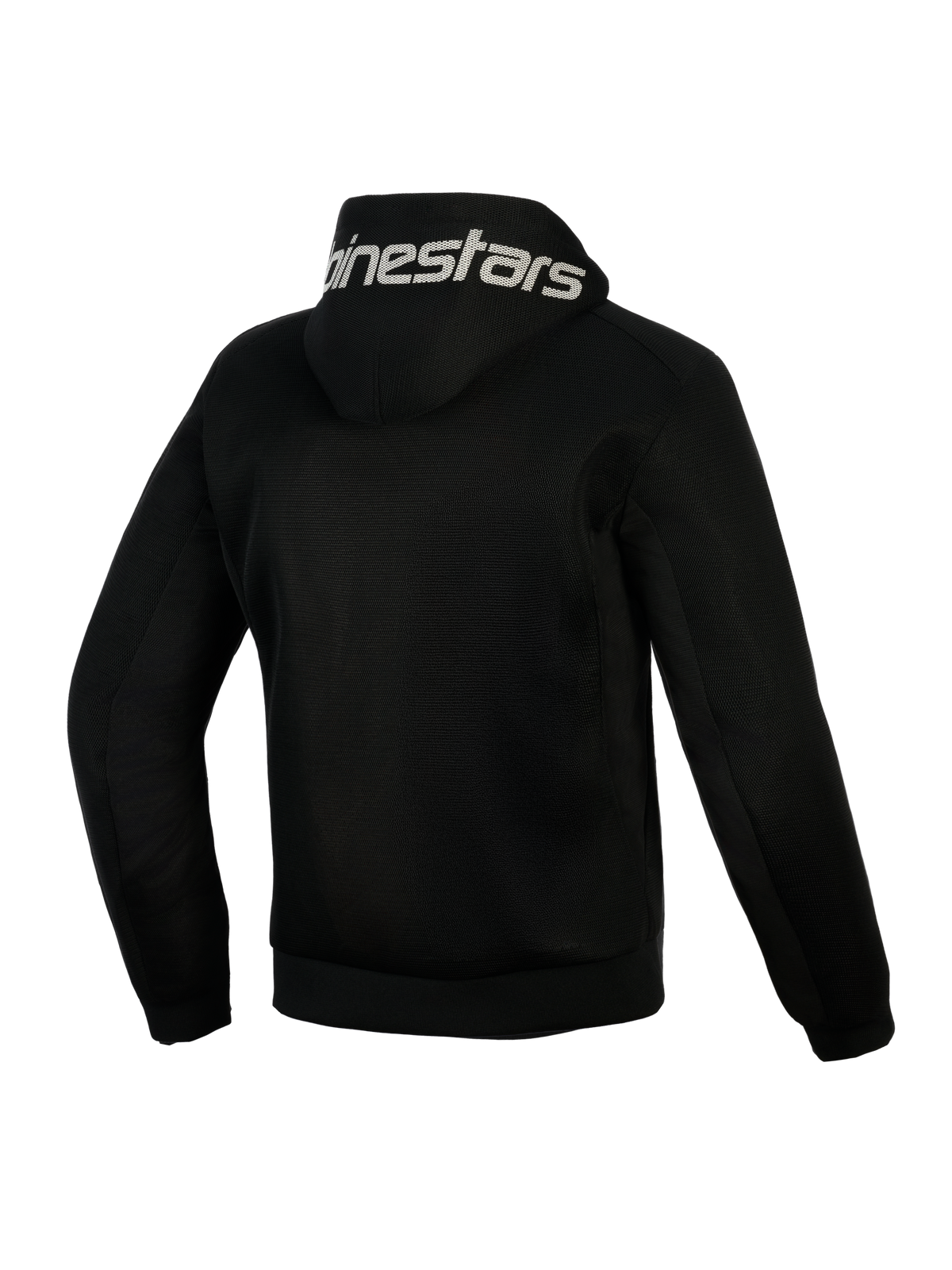 Alpinestars Chrome Superairflow Hoodie, svart, baksida, med vit Alpinestars-logotyp på huvan, fullständig 3D-mesh-konstruktion för ventilation, skyddande motorcykelkläder för varmt väder