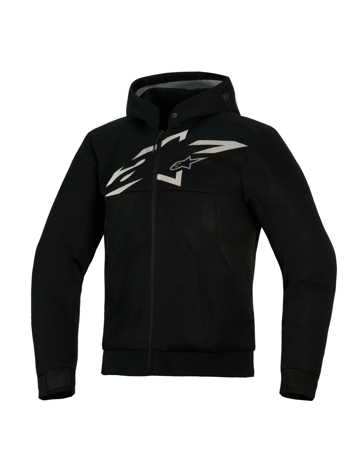 Alpinestars Chrome Superairflow Hoodie, ventilerad motorcykelhoodie, svart med vit och grå logotyp, med fullständig 3D-mesh-konstruktion, design med dragkedja framtill och integrerad huva, atletisk passform för sportig körning