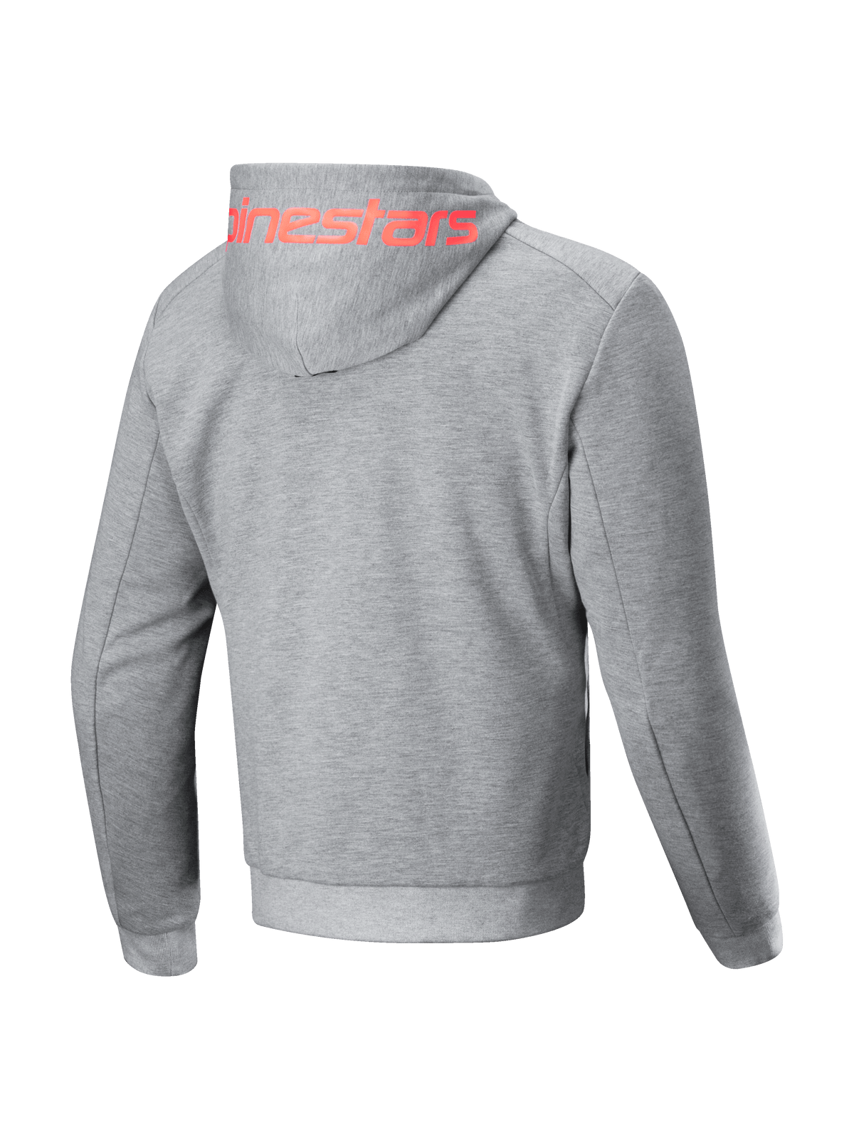 Alpinestars Chrome V2 Sport jacka med huva, urban motorcykeljacka för herrar, grå med röd logotyp på huvan, teknisk fleece konstruktion, vy bakifrån.