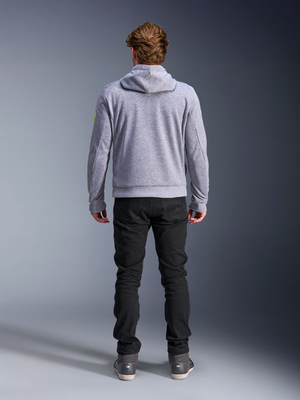 Alpinestars Chrome V2 Sport jacka med huva, gråmelerad och neongul urban herrmotorcykeljacka i teknisk fleece, ryggvy.