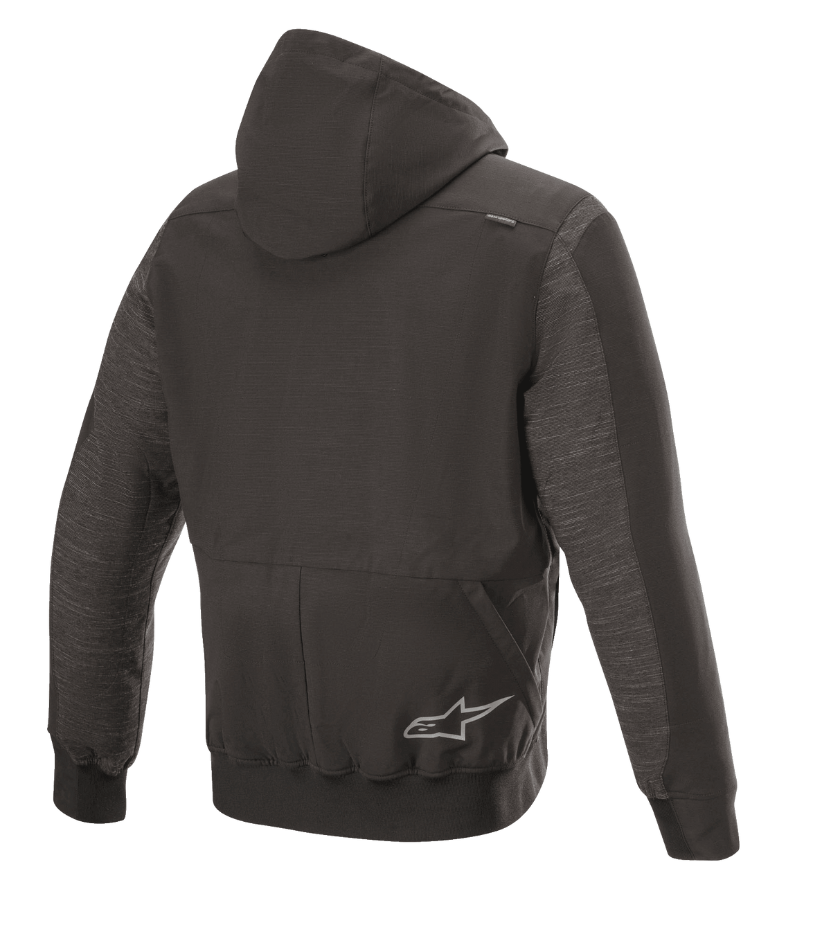 Alpinestars Rhod Windstopper Hoodie, urban motorcykeljacka, Melange Black, baksida med avtagbar huva, ribbade muddar vid ärmslut och nederkant, samt en diskret stjärnlogotyp på ryggen.