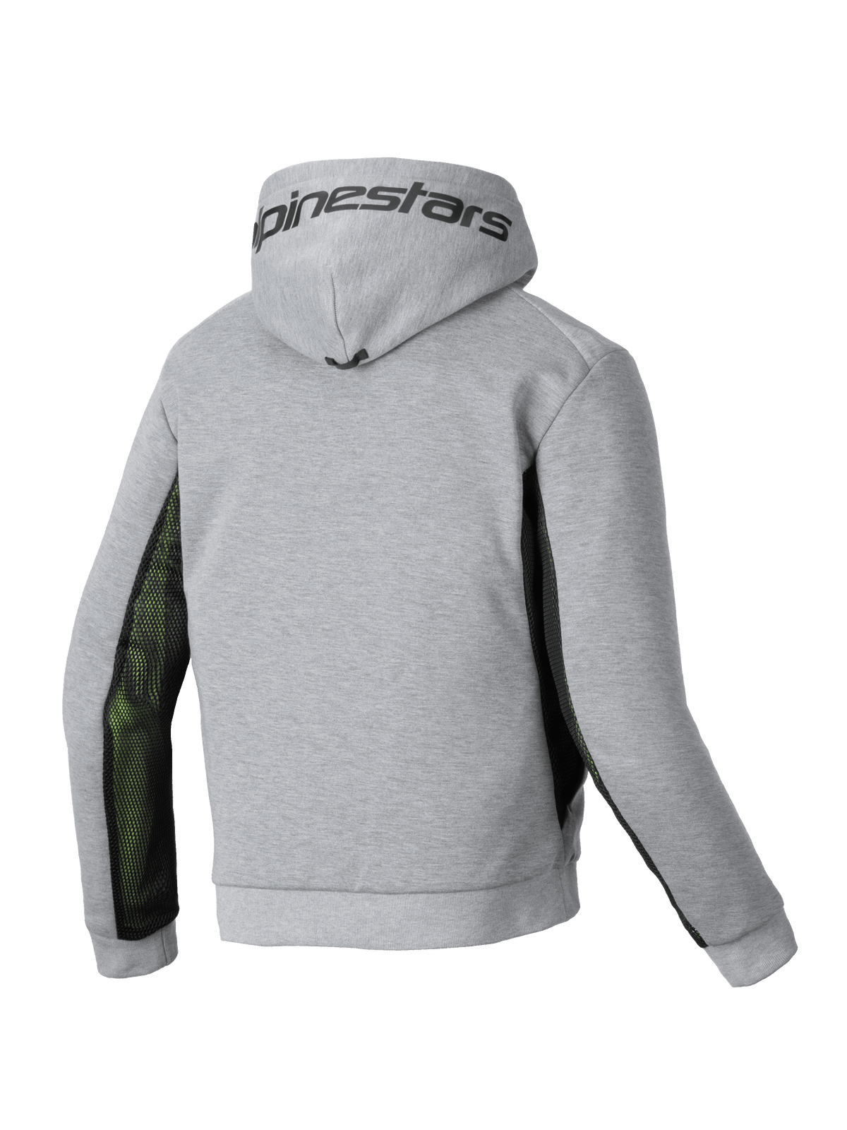 Alpinestars Chrome Air Sport jacka med huva, herr-motorcykeljacka, bakifrån visar gråmelerad och svart färg med mesh-sidopaneler för luftflöde och Alpinestars-logotyp på huvan