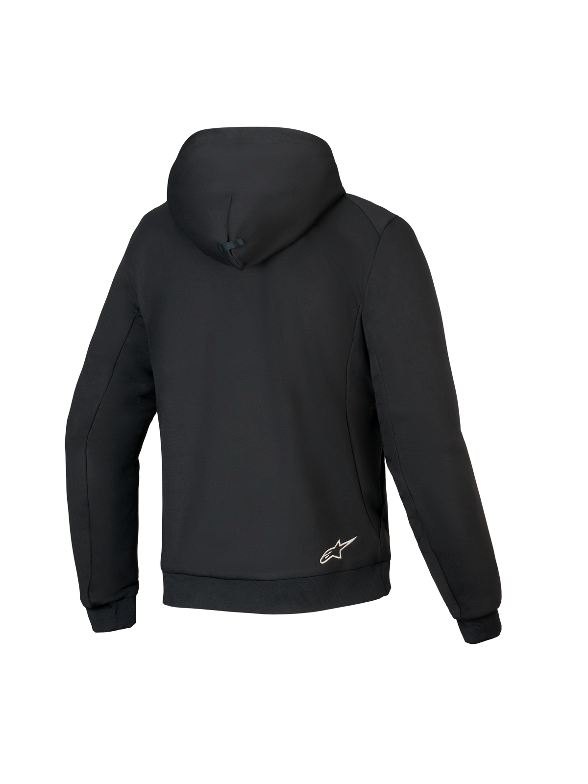 Alpinestars Honda Chrome V3 Sport Hoodie, svart, baksida av motorcykelhoodie, teknisk fleecekonstruktion, huva med tryckknappsfäste, ribbstickade muddar och nederkant, liten vit Alpinestars-logotyp på nedre delen av ryggen.