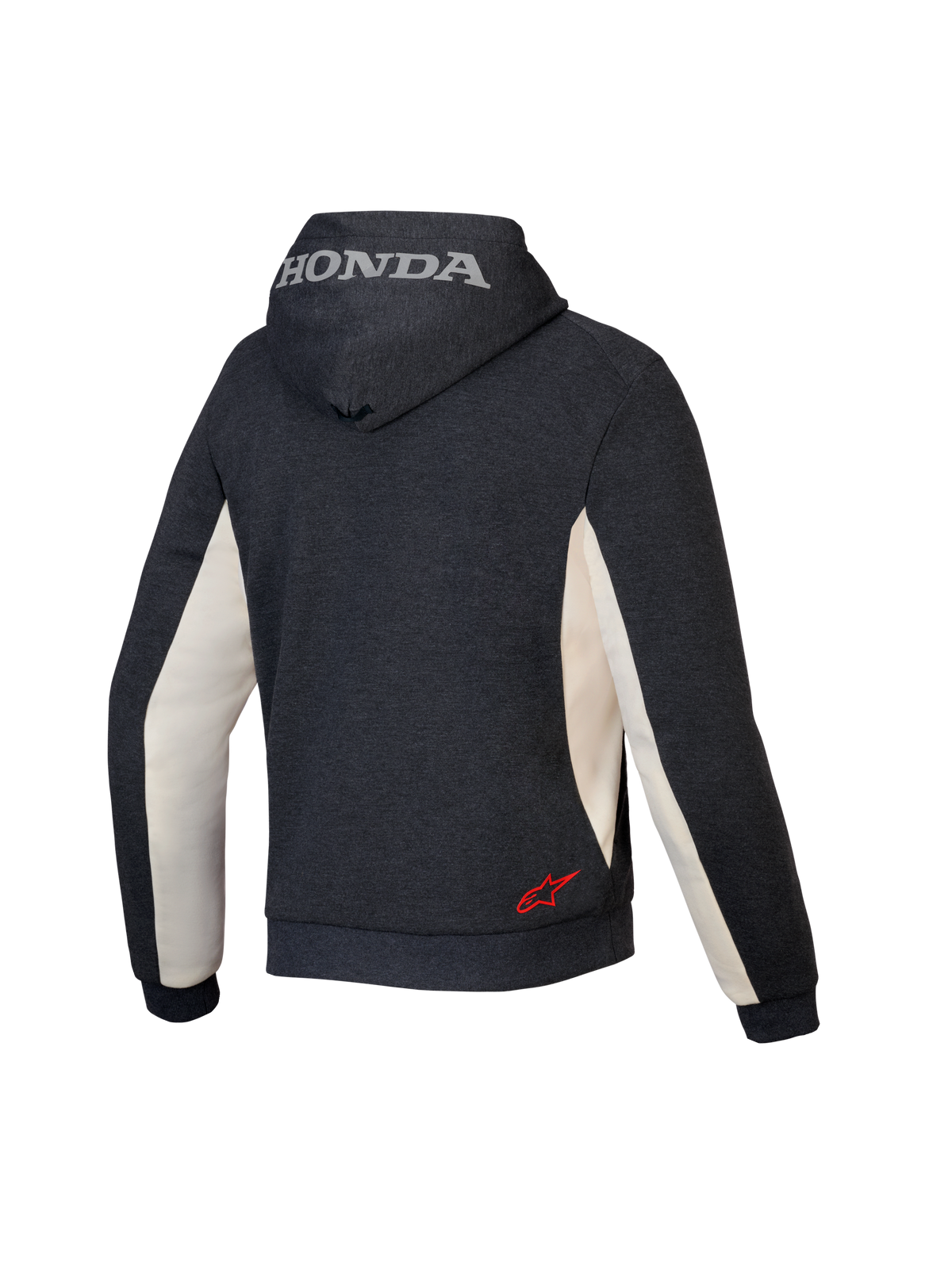 Alpinestars Honda Chrome V3 Sport Hoodie, urban motorcycle hoodie, Anthracite Melange and Off White, rear view showing silver Honda logo on the hood and red Alpinestars star logo on the lower back, tech fleece construction