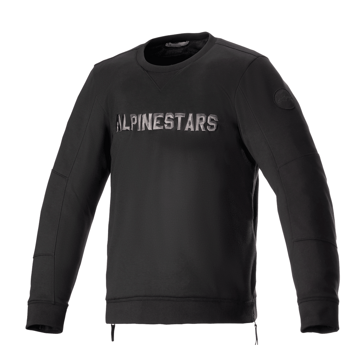 Alpinestars Legit Crew Fleece, urban motorcykeljacka, svart och cool gray, pullover med rund halsringning och metallisk logotyp på bröstet, sidodragkedjor, ribbade muddar och fåll, avslappnad körutrustning